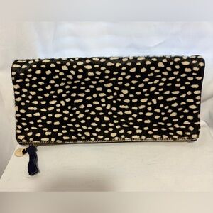 CLARE V. Black & Tan Animal Print Fur Foldover Clutch W/Blue Suede Interior